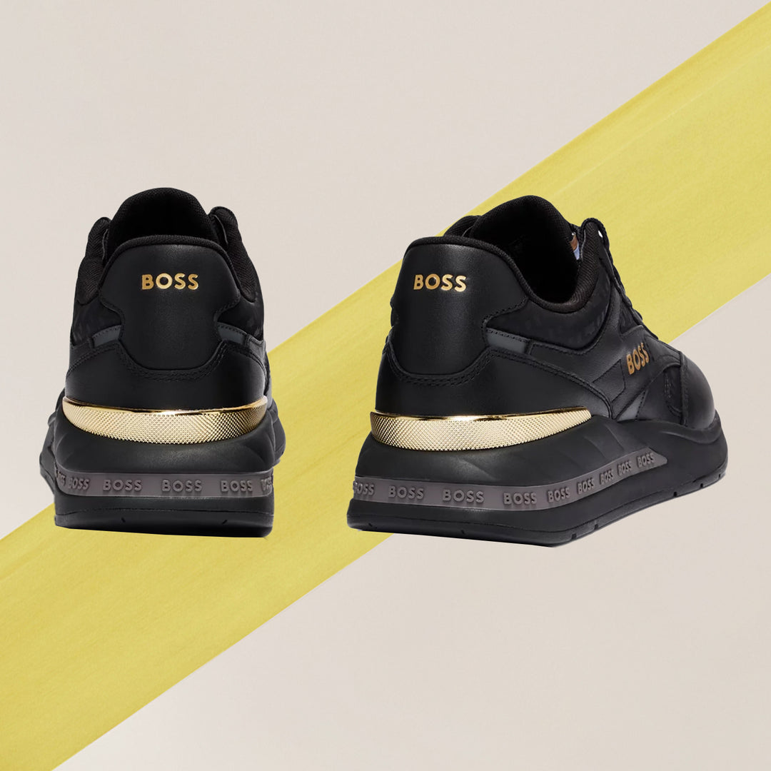 BOSS Mixed-material trainers with leather and monogram jacquard